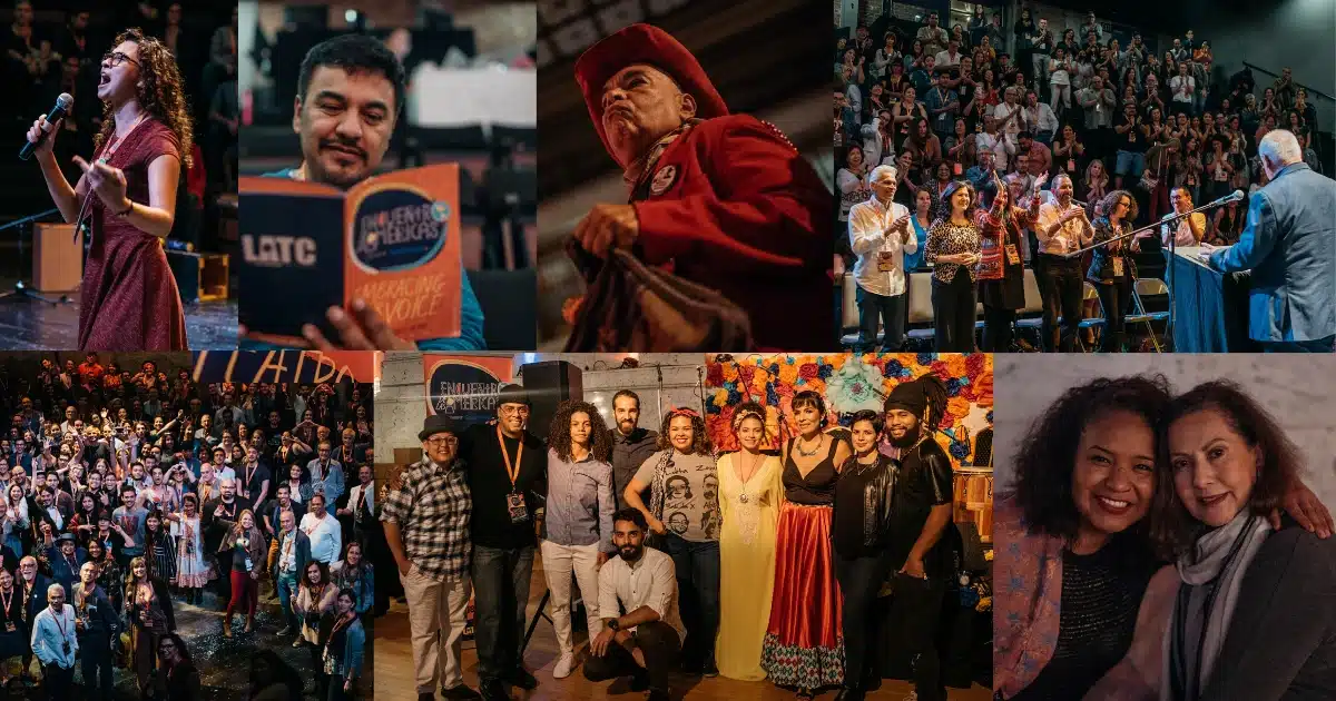 Collage of theatre artists speaking, gathering, and performing at the 2017 LTC International Convening.