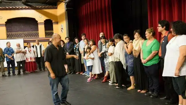 Kinan Valdez leads SALTA’s initial community visioning session in July 2013 at the Guadalupe Theater. Photo credit: Annette Xuchitl Landry.