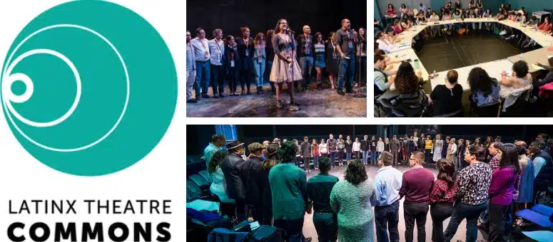 On the left, the logo for the Latinx Theatre Commons. On the right, three images of theatre artists gathering and speaking at a convening.