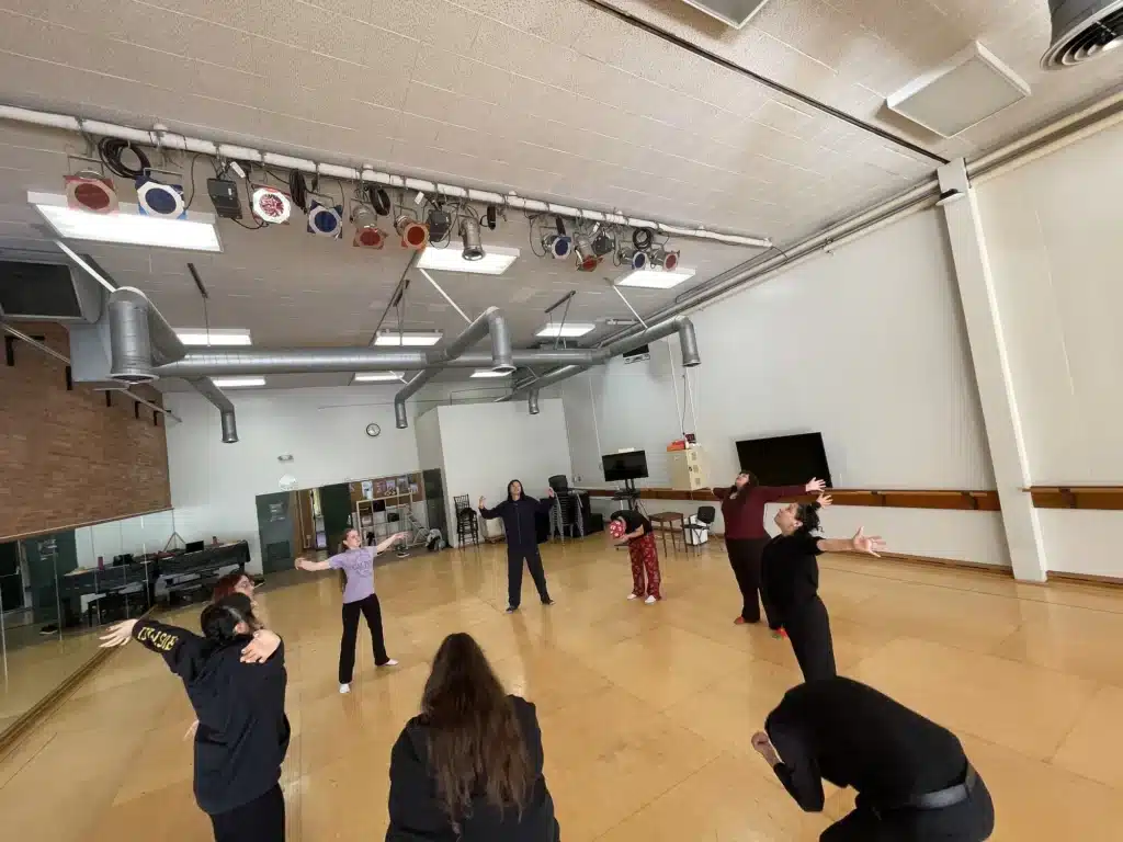 Tessa Speck, William Phung, Brandon Dieu, Meleena Lopez, Sayda Trujillo, Dom Carson, Antonieta Gutierrez, Cherry Serrano, Mattie Flores in Voice II class at Cal Poly Pomona taught by Sayda Trujillo. Photo by David Rodriguez.