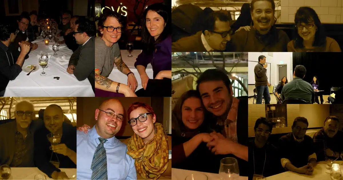 Collage of theatre artists gathered, mostly at a restaurant, at LTC Steering Committee Convening.