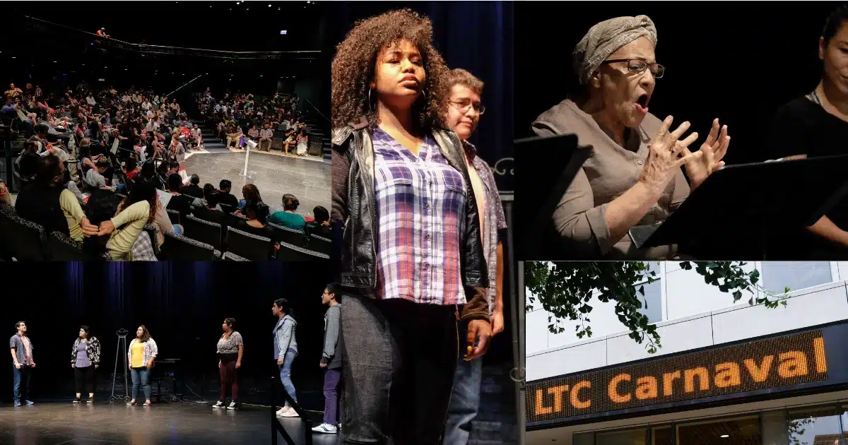 Collage of theatre artists gathering, speaking, and performing at the LTC Carnaval of New Latinx Work.
